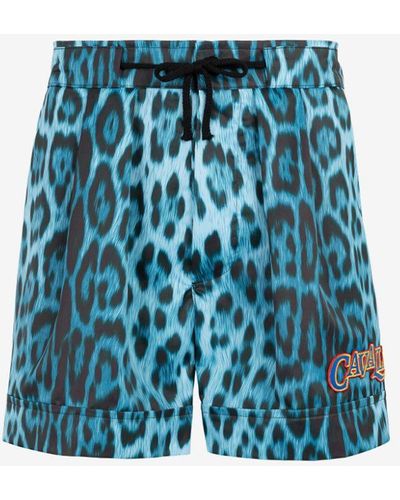 Roberto Cavalli Leopard Print Drawstring Swim Shorts - Blue