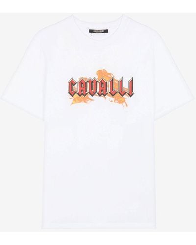Roberto Cavalli T-shirt aus baumwolle mit flammenlogo-print - Weiß