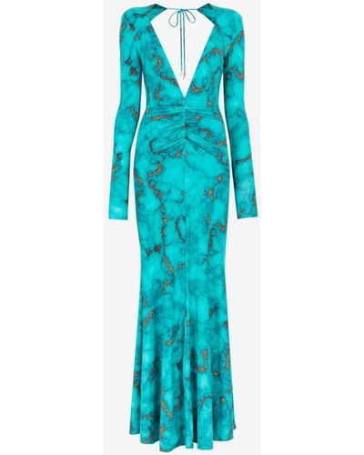Roberto Cavalli Ruched Marble-print Dress - Blue