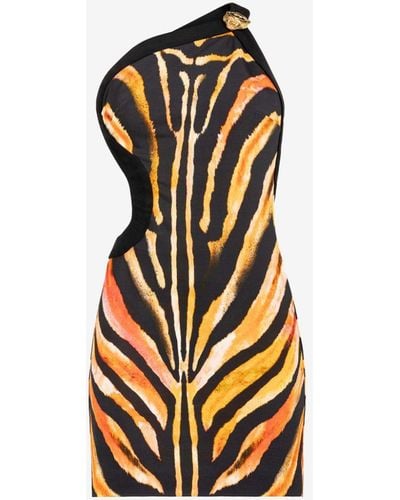 Roberto Cavalli Zebra-print One-shoulder Mini Dress - Black
