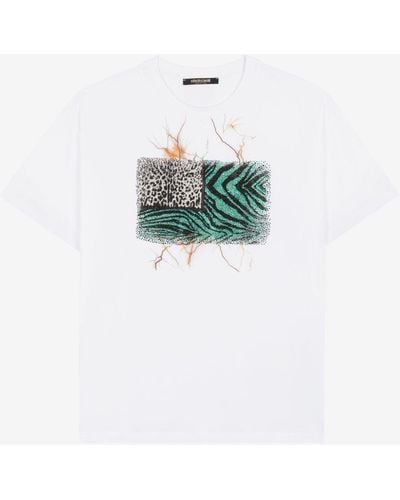 Roberto Cavalli T-shirt mit animalischem patchwork-print und kristallverzierung - Weiß