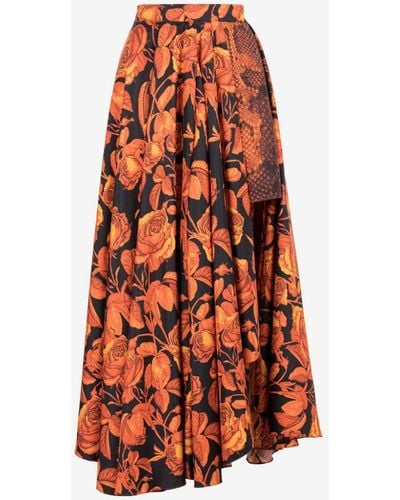 Roberto Cavalli Rose And Python-print Asymmetric Skirt - Orange