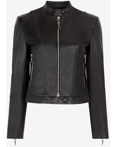 Roberto Cavalli Band Collar Leather Jacket - Black