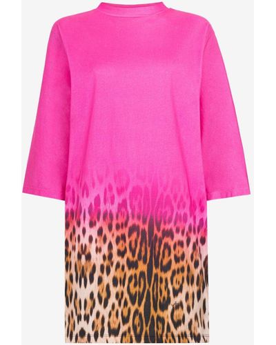Roberto Cavalli Baumwoll-minikleid mit jaguar-print - Pink