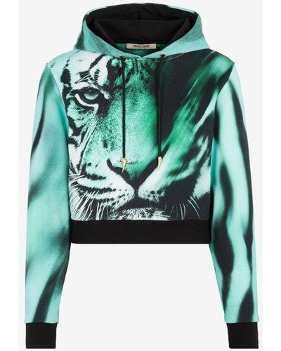 Roberto Cavalli Kapuzenpullover aus baumwolle mit tigerprint - Blau