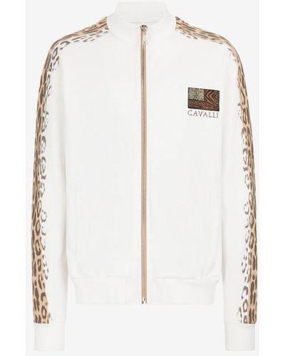 Roberto Cavalli Leopard Print Stripe Zipped Jacket - White