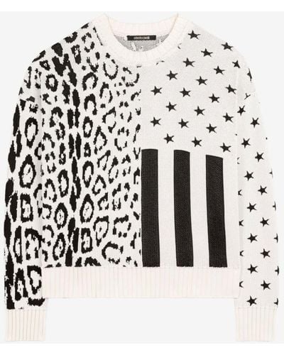 Roberto Cavalli Leopard Flag Intarsia Sweater - White