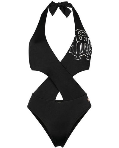 Roberto Cavalli Rc Monogram-print Cut-out Swimsuit - Black