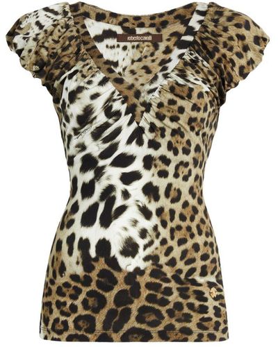 Roberto Cavalli Leopard-print Ruched V-neck Top - Brown