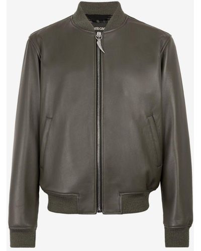 Roberto Cavalli Tiger Tooth Leather Bomber Jacker - Natural