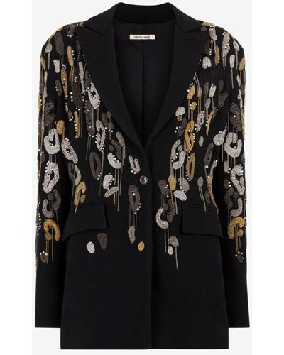 Roberto Cavalli Fringed Leopard-embroidered Blazer - Black