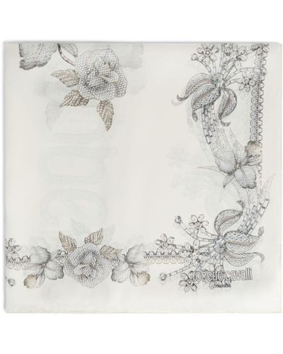 Roberto Cavalli Diamond Brooches-print Silk Scarf - White