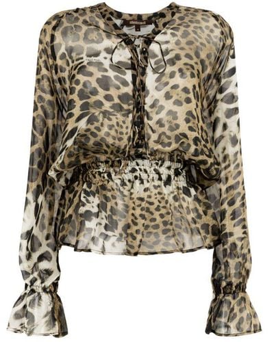 Roberto Cavalli Leopard-print Tie-front Silk Top - Brown