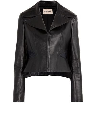 Roberto Cavalli Cropped Leather Jacket - Black
