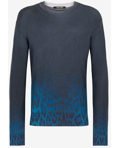 Roberto Cavalli Jaguar Degrade Print Wool Jumper - Blue
