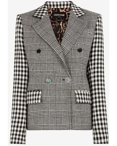 Roberto Cavalli Houndstooth And Gingham Double-breasted Blazer - Black