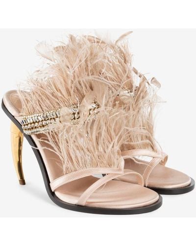Roberto Cavalli Feather-trimmed Tiger Tooth Mules - Natural