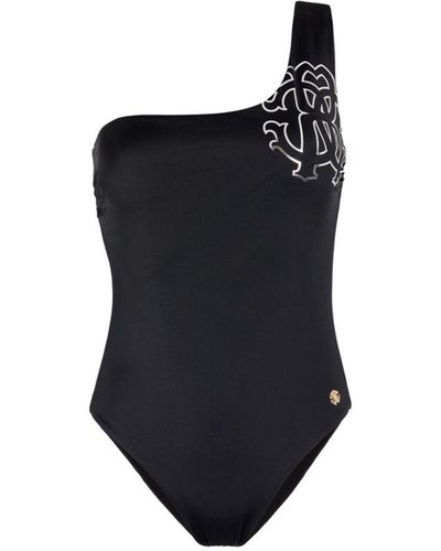 Roberto Cavalli Rc Monogram-print One-shoulder Swimsuit - Black