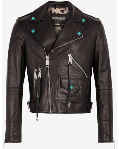 Roberto Cavalli Embellished Leather Biker Jacket - Black
