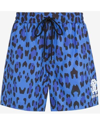 Roberto Cavalli Leopard-print Logo Swim Shorts - Blue