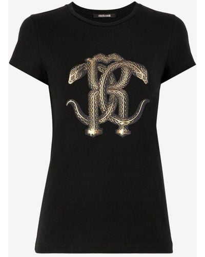 Roberto Cavalli Mirror Snake-print Cotton T-shirt - Black
