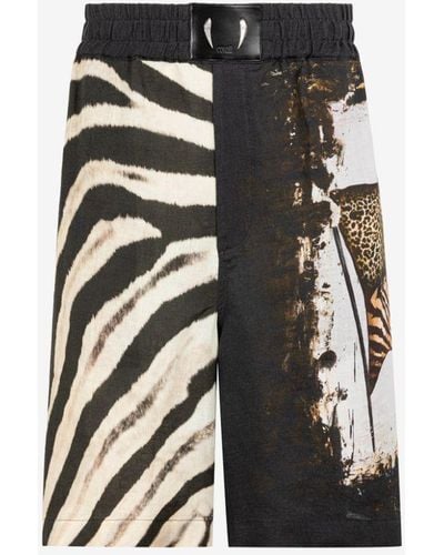 Roberto Cavalli Zebra And Animalier Patchwork-print Shorts - Black