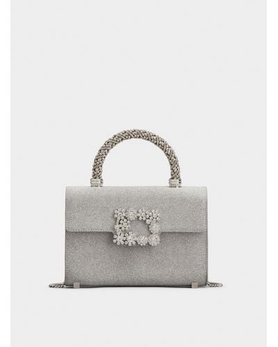 Roger Vivier Flower Strass Jewel Buckle Clutch Bag Mini In Glitter Fabric - Gray