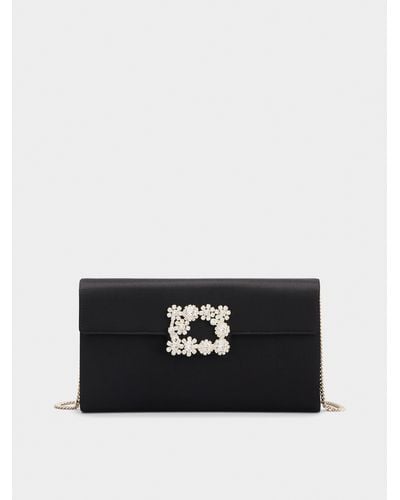 Roger Vivier Pochette en raso de seda hebilla flower strass - Negro