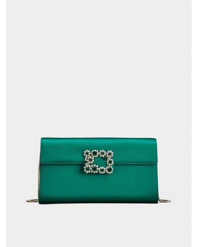 Roger Vivier Flower Strass Colored Buckle Clutch In Satin - Green