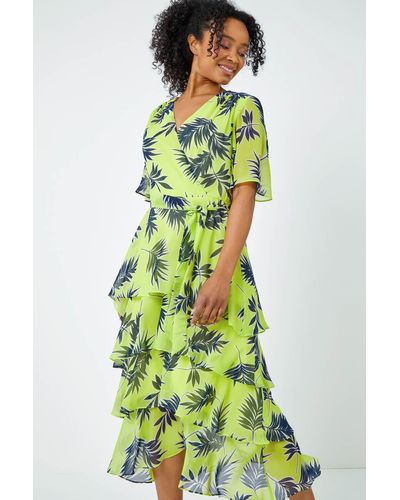 Roman Originals Petite Tropical Print Tiered Midi Dress - Green