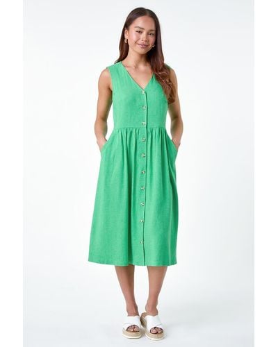 Roman Originals Petite Linen Blend Pocket Button Midi Dress - Green