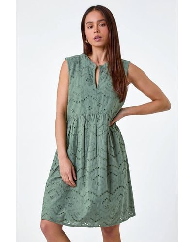 Roman Originals Petite Broderie Cotton Dress - Green