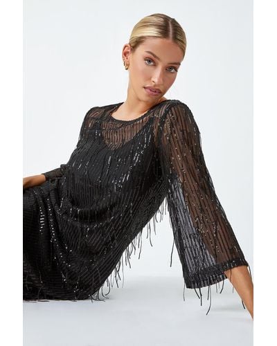 Roman Dusk Fashion Sequin Sparkle Tassel Shift Dress - Black