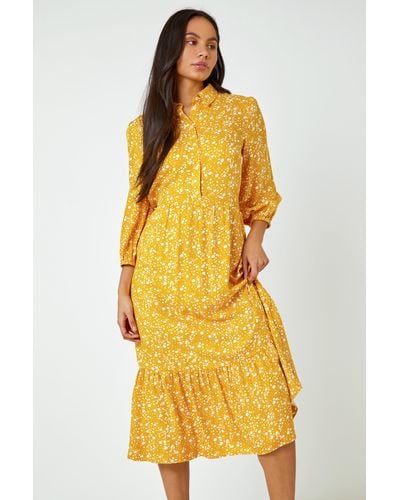 Roman Dusk Fashion Spot Print Tiered Shirt Dress - Yellow