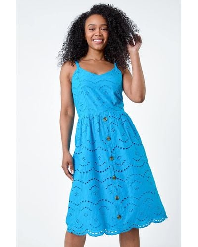 Roman Originals Petite Cotton Broderie Button Dress - Blue
