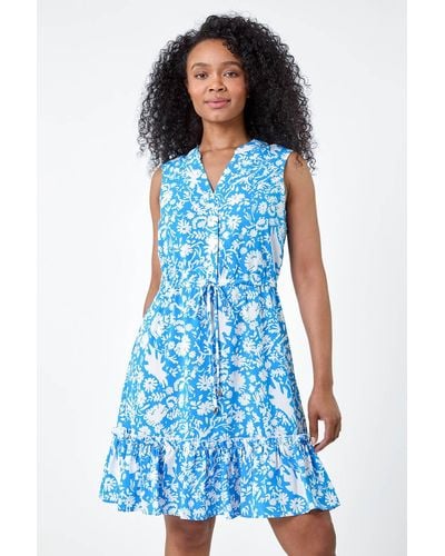 Roman Originals Petite Ditsy Floral Frill Hem Shirt Dress - Blue