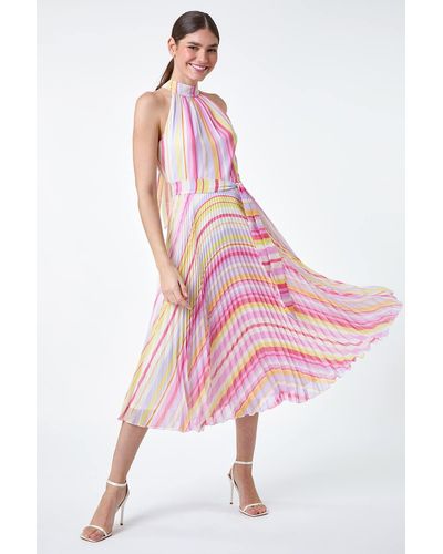 Roman Stripe Print Pleated Midi Dress - Pink