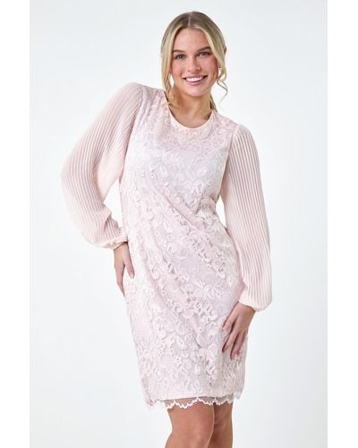 Roman Originals Petite Pleated Sleeve Lace Shift Dress - Pink