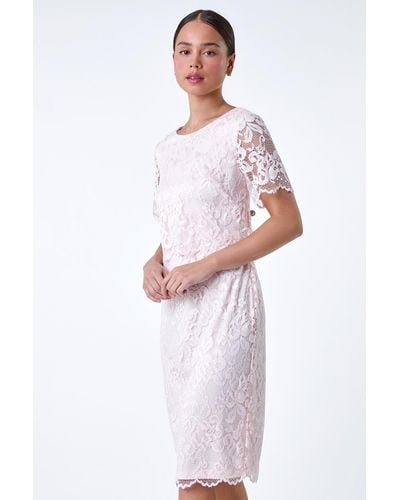 Roman Originals Petite Lace Overlay Stretch Dress - White