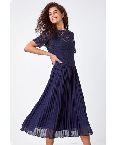 Roman Lace Top Overlay Pleated Midi Party Occasion Dress - Blue