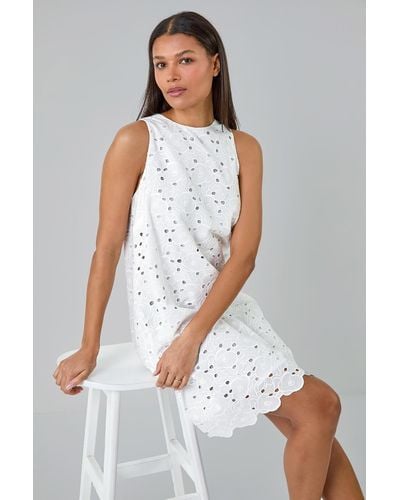 Roman Cotton Embroidery Detail Shift Dress - White