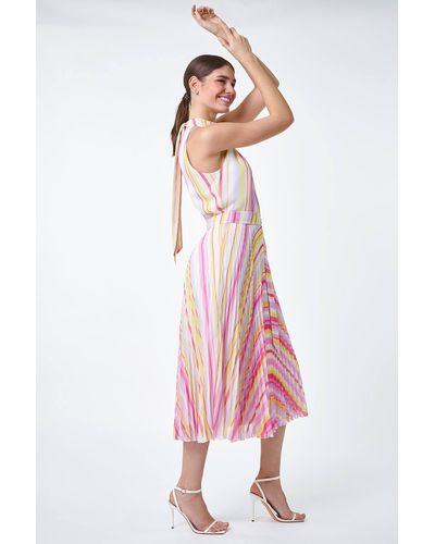 Roman Stripe Print Pleated Midi Dress - Pink