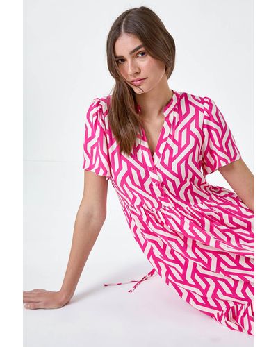Roman Geometric Print Tiered Midi Dress - Pink