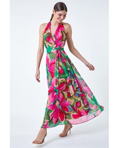 Roman Floral Print Halterneck Maxi Dress - Pink