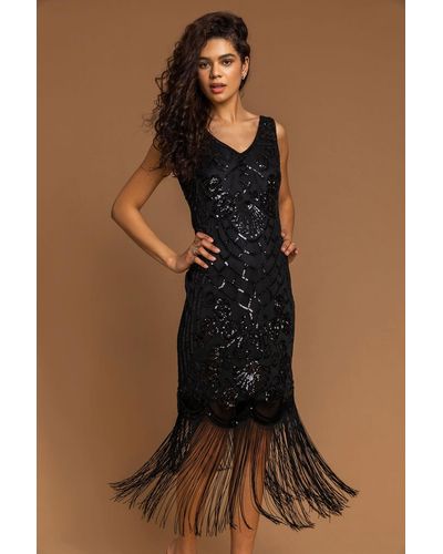 Roman Sequin Fringe Hem Flapper Dress - Black