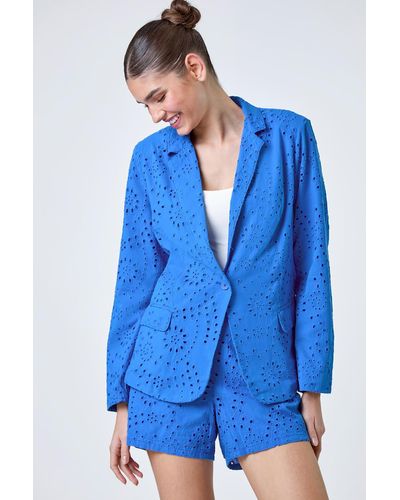 Roman Cotton Broderie Blazer Jacket - Blue
