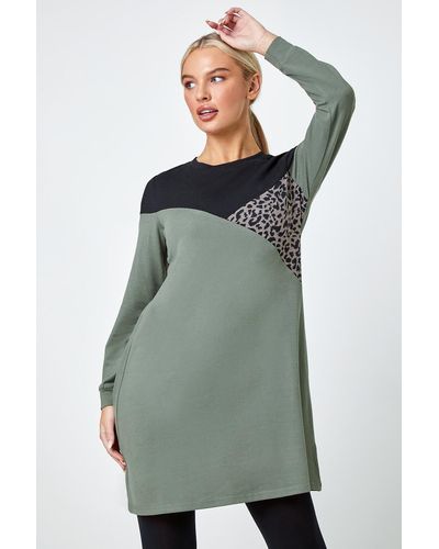Roman Originals Petite Leopard Print Colour Block Knit Dress - Green