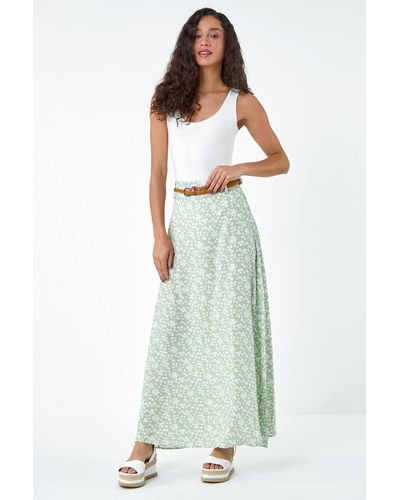 Roman Dusk Fashion Ditsy Floral Belted Maxi Skirt - White
