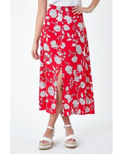 Roman Dusk Fashion Floral Button Detail Midi Skirt - Red