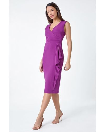 Roman Wrap Draped Crepe Stretch Dress - Purple